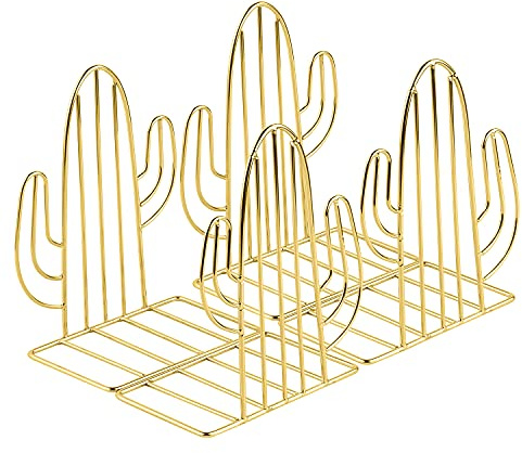 MSDADA Buchstützen, 2 Paar Metall rutschfeste Buchständer für Kinder, Kaktus Bücherregal für zu Hause Schlafzimmer Bibliothek Büro Schulbuch Anzeige Desktop Organizer Dekorative (Gold)