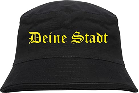 Individueller Anglerhut - altdeutsch - schwarz - Bucket Hat - Fischerhut mit Wunschtext Bedruckt Druckfarbe: Gelb L