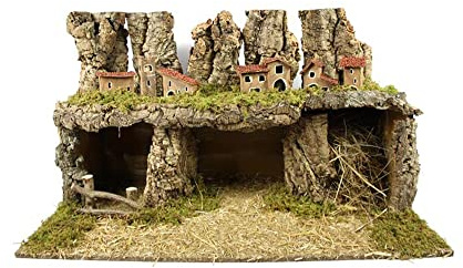 Aurora Store Presepe Scenario Completo in Sughero e Legno con Grotta e 2 mangiatoie Ambientazione 2 Livelli con Casette e casolari, 77x37 x h. 44 cm Vuoto Artigianale Napoletano Dimensione Grande