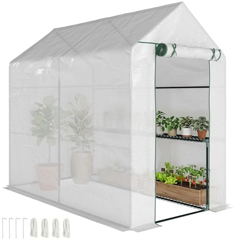 Outsunny Invernadero de Jardín Vivero Casero con 4 Estantes Puerta Enrollable Cubierta de PE 140g/m² y Marco de Acero para Cultivos Plantas Macetas Flores 120x186x190 cm Blanco