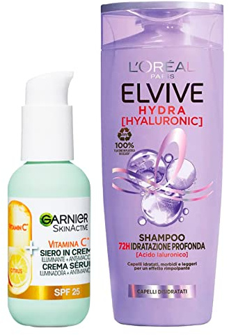 L'Oréal Paris Elvive Hydra Hyaluronic Shampoo für Haare mit Tiefenfeuchtigkeit mit Hyaluronsäure 300 ml + Skinactive Vitamin C Gesichtsserum in aufhellender und Anti-Flecken-Creme mit LSF25, 50 ml