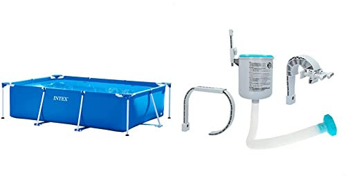 Intex Rectangular Frame Pool - Aufstellpool, Blau - 220 x 150 x 60 cm & Oberflächenskimmer - Deluxe Oberflächenskimmer zur Wandmontage - Hängeskimmer, Grau