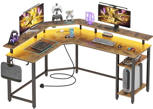 Rolanstar Computertisch L Form mit RGB & Steckdosen, Reversibler Eckschreibtisch Gaming Tisch mit Ablagefläche & 2 Haken, Computertisch für Büro Arbeitszimmer Schlafzimmer(Vintagebraun,117cm)
