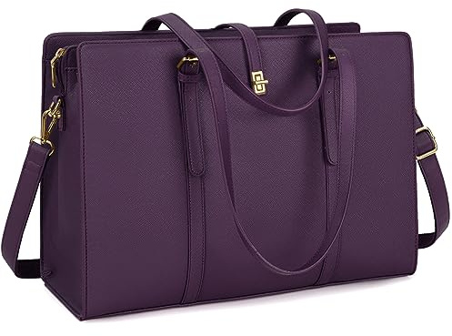 IGOLUMON Handväska dam, shopper, stor, svart, vattentät laptopväska, 15,6 tum, PU-läder, arbetsväska, axelväska, för business, arbete, kontor, skola, mörk lila