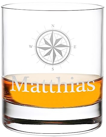 Whiskyglas 315 ml mit individueller Gravur - mit Namen veredelt - Bourbon-Glas für Männer - Geschenk-Idee für Papa und Opa - das perfekte Trinkglas für Scotch, Bourbon und Rum - Motiv Kompass