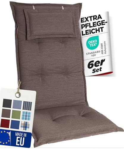 gardisun Gartenstuhlauflagen Hochlehner mit Kopfteil, 6er Set, Taupe | Extra Dicke Sitzauflagen, Made in Europe, Polsterauflagen für Hochlehner, Auflagen mit extra hohem Komfort