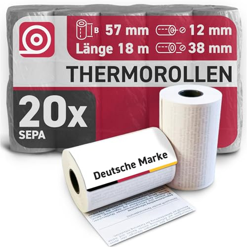 Gebongt24 Thermorollen 57 mm x 18 m x 12 mm mit 48g/m² – SEPA-Lastschrifttext auf der Rückseite – 20 Kassenrollen mit ⌀ 36 mm – für EC-Cash & Kassenbondrucker