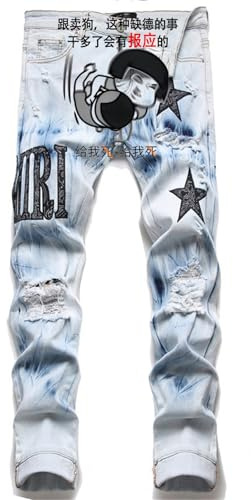 YAODAMAI Pantalones Vaqueros de los Hombres Rasgados Bordado Pentagrama Estiramiento Pantalones de Pierna Delgada Pantalones de los Hombres versátiles