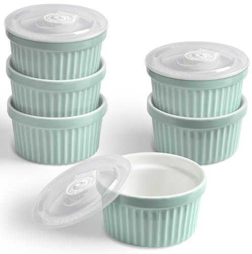homEdge Set di 6 pirottini in porcellana con coperchio, 240 ml, ciotola per gelato, crème brûlée, soufflé, set da 6 pezzi, colore: verde menta