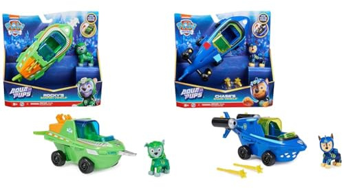 PAW PATROL, Aqua Pups - Basis Fahrzeug Spielzeugauto im Sägefisch-Design mit Rocky Welpenfigur & Aqua Pups - Basis Fahrzeug Spielzeugauto im Hai-Design