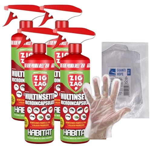 ZigZag Insetticida Spray Multinsetto Microincapsulato. Inodore, Ideale Per Cimici, Zanzare, Scarafaggi, Formiche, Prodotto a Lento Rilascio 500ml+OMAGGIO 100pz Guanti HDPE Monouso (4 Spray+1CF Guanti)