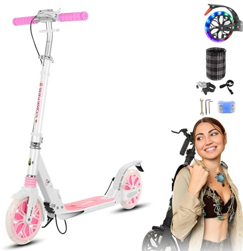 GHBXJX LED 200mm Big Wheel Scooter, Klappbar Cityroller mit Handbremse, Tretroller Kinder ab 8 Jahre Mädchen Jungen Teenager, Kinder Scooter Cityroller, Erwachsenenroller für bis zu 130kg,Rosa