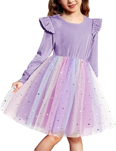Arshiner Abito per Ragazze in Velluto e Tulle - Festa, Nozze, Scuola, Compleanno - Autunno Inverno - Rosa con Paillettes - 2-3 Anni