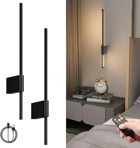 Aipsun 2 Stück LED Akku Wandleuchte mit Fernbedienung innen, 6000mAh, 5W, 60CM, 3 Farbtemperatur und Timing-Funktion, [kabellose wandleuchten], für Schlafzimmer Schminktisch TV-Wand (Schwarz)