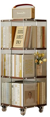 XNZJHPP Drehbares Acryl-Bücherregal mit Rollen, Bücherregal und Spielzeugaufbewahrung, Wohnzimmer-Aufbewahrungsschrank, transparent und sichtbar, Kleiner Platzbedarf, Starke Belastung (Darkwalnut A)
