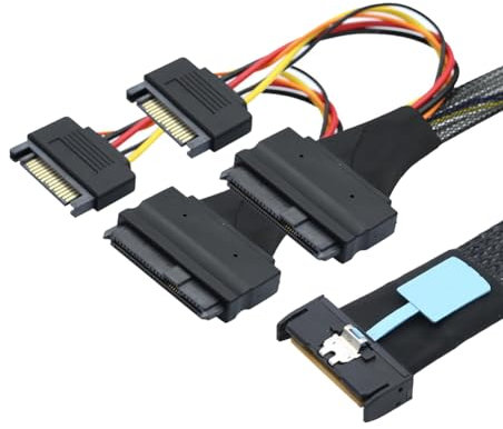 Yuattory Câble Adaptateur de Serveur Slimline SAS MCIO 8i 74P vers 2-SFF 8639+15P Câble Multifonction de Serveur d'alimentation