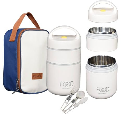 MYKOUR Boîte Repas Isotherme 680ml en Acier Inoxydable - Thermos Alimentaire 2 Compartiments pour Repas Chaud 12h/Froid 24h - Boîte Thermos pour Repas Chaud avec Sac, Couverts et Poche de Rangement