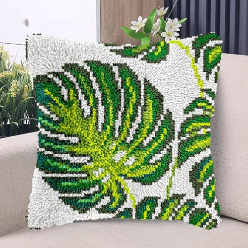 Green Monstera Deliciosa Leaves DIY Latch Hook Kits Pillow with Printed Canvas Handmade Cushion Crochet Yarn Embroidery Hook and Latch Kit Pillowcase Christmas Decor 43x43cm