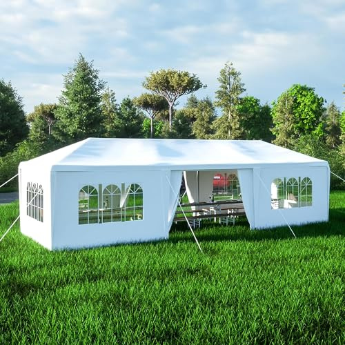 Large 3x9m Gazebo Outdoor Party Tent with 8 Sidewalls & Windows Waterproof Marquee Garden Wedding Party Tent for Sun and Rain Shelter White Canopy Patio Cover
