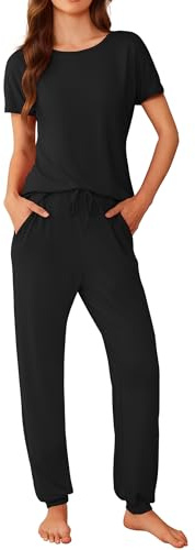 Ekouaer Pigiama da Donna a Maniche Corte e Pantaloni Lunghi con Stampa Carina 2 Pezzi con Tasche, Nero, M
