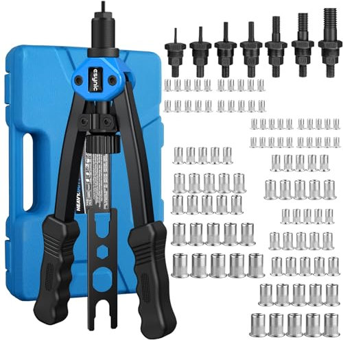 eSynic 13 Inch Rivnut Tool Kit Rivet Nut Gun Set Pop Rivet Nut Tool Set Hand Riveter Nut Gun with Rivet Nut Mandrels&110Pcs RIV Nuts Include M3 M4 M5 M6 M8 M10 M12 and Carrying Case Perfect for Work