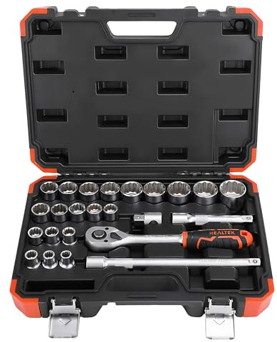 REALTEK 24 Piece Metric Socket Set, 1/2'' Drive Ratchet Wrench Tool | with Flexible Extension and Case, CR-V Imperial Sockets for Auto Repairing and Household