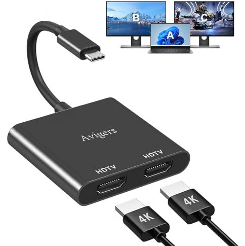 Avigers Splitter HDMI, USB C to Dual HDMI Adapter 4K@60Hz, Switch Hdmi 2 Sorties, USB C to hdmi Splitter Extended Display para Portátiles, Tablettes, etc (HDMi Simple 4K@60HZ o HDmi Doble 4K@30Hz)