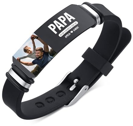Presentimental Personalisiertes Herrenarmband mit Foto 1-6 Namen Edelstahl Silikon Armband Geschenk für Papa Vatertag Weihnachten