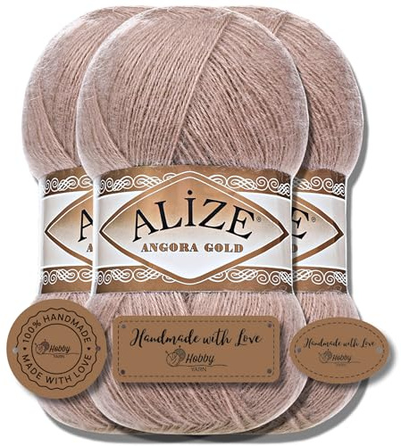Hobby YARN 3 x etikettetiketter med Alize Angora guldull, premium 3 x 100 g som set, garn, tunn mohair av ny ull, enfärgad, stickgarn (542)