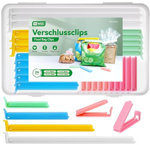 Inwee 26 Stück Verschlussclips, 6 Farben&4 Größen Verschlussclips für Beutel,Tütenclips Verschlussclips für Frischhalten, Clips Groß, Wiederverwendbare Klammern für Gefrierbeutel und Tierfutterbeutel