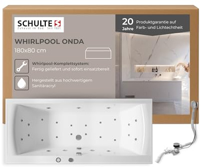 Schulte Whirlpool Badewanne Onda Komplettsystem, 180x80 cm, mit Massage- & Luftsystem, LED-Farbwechsel, Jet- & Luftdüsen, Trockenlaufschutz aus hochwertigem Acryl in Weiß glänzend