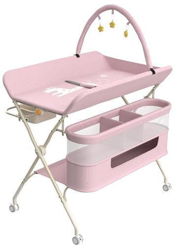 Wickelstation mit Seitenkorb, höhenverstellbarer tragbarer Wickeltisch mit feststellbaren Rädern, multifunktionaler Aufbewahrungs-Organizer fürs Kinderzimmer,75 x 68 x 83–91 cm (B) Rosa