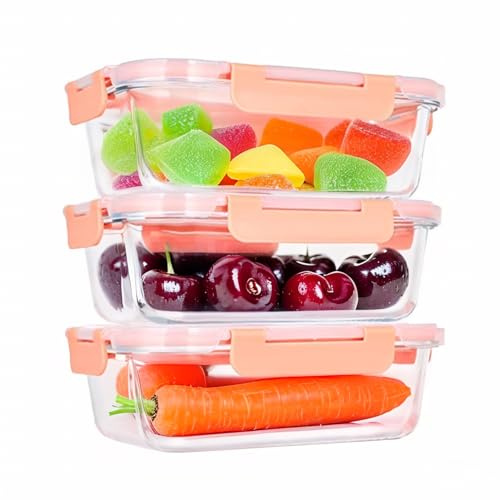 LOFERMA 6-Piece (3-Pack) 1040ml Borosilicate Glass Lunch Box Set with Locking Lids – Microwave/Oven/Dishwasher Safe, Leakproof Meal Prep Containers for Kitchen & Storage (Pink)