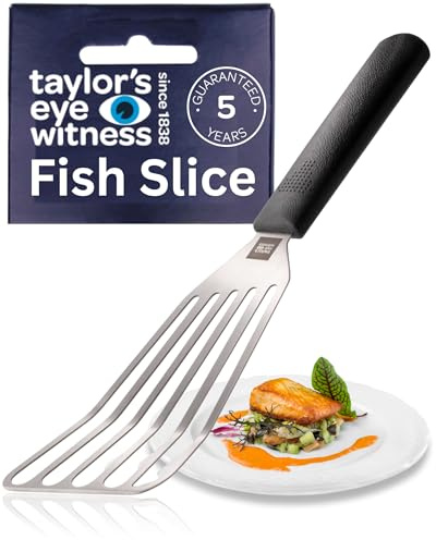 Taylor's Eye Witness - Rebanada de pescado de acero inoxidable, espátula ranurada flexible para cocinar, voltear y freír, mango resistente, hoja ultrafina, apta para lavavajillas, perfecta para