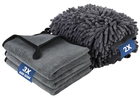 IMALPQPP Kit de Nettoyage Auto avec 2 Gants & 3 Chiffons Microfibre Voiture – Chiffon Microfibre Voiture 600 GSM 40×30 cm pour Entretien Intérieur & Extérieur