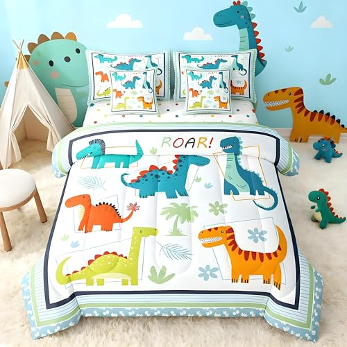 Feelyou Cartoon Cute Dinosaur Twin Comforter Set with Sheets for Kids Boys Girls Dinosaur 7 Pieces Bedding Set Coconut Plant Leaf Dino Bed in a Bag Room Decor Soft Lightweight Microfiber