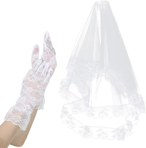 ADLABLD Weiß Brautschleier,Schleier Bridal Tüll mit Kamm,Spitzen-Hochzeitsschleier mit Lace Gloves,Halloween Schleier für Hochzeit Abend Prom Party Kostüm