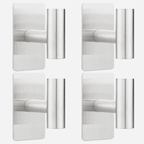 Dntorx 4 Pack Self Adhesive Towel Hooks, Heavy Duty Silver Sticky Hooks Shower Coat Hook Holder for Hanging Towels Robes Metal Hooks for Bathroom, Glass, Window, Kitchen, Cabinets