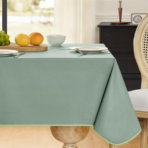FIBORIA Wachstuchtischdecke 140×180 cm Grün,Tischdecke Outdoor wetterfest | Wachstuchtischdecke 350 GSM mit Saum,Leinenoptik,Wasserdicht,Sommer