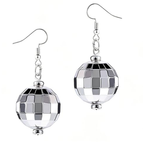 2er-Pack Disco Ball Earrings for Women,80er Mirrorball,Silver Accessories Dangle Earring for Party Costume,70s Discokugel Ohrringe,Damen Für Retro Kostüm Zubehör,Silvester Outfit,Ohrring 90er Jahre