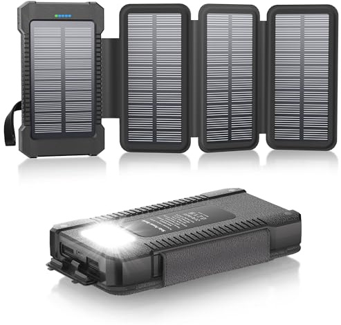 Solar Power Bank 26800mAh with 4 Solar Panels, 18W USB-C Power Bank Fast Charging Portable Battery for Phones, IPX7 Waterproof External Battery Pack with Flashlight Light/SOS/Strobe (Black)