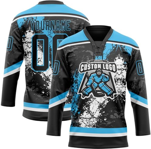 Personalized Youth Hockey Practice Jersey Stitched/Printed Name Number Logo, Custom Black Sky Blue White Street Hockey Shirts Men Women Boys Girls, Lace-Up Design Splash Sports Fans Uniforms Team Wear