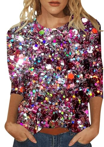 Pailletten Oberteil Damen Festliche Oberteile Damen Pailletten Oberteil 3/4 arm Sexy Elegant Shirt Tops Bluse Glitzer Frauen Mädchen Freizeit Party Club Karneval Kostüme 2026