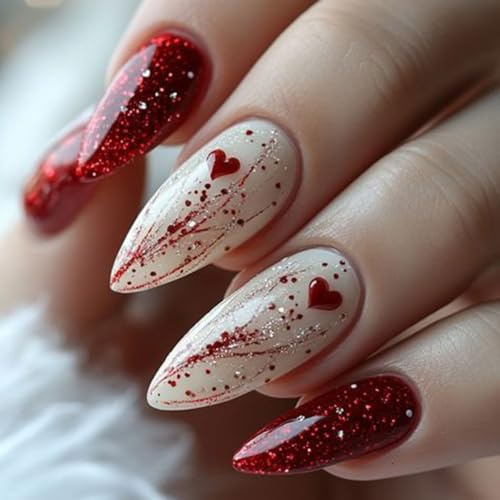 24 künstliche Fingernägel zum Valentinstag, mittelgroß, mandelförmig, rotes Herz mit Glitzerlinien, vollständige Abdeckung, roter Glitzer, künstlich, für Frauen und Mädchen, für den Alltag und Dates