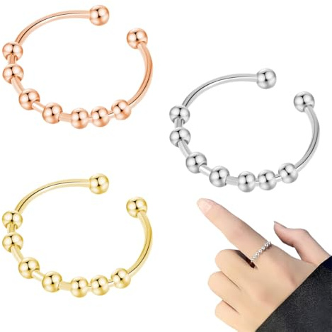 CATZUM Anelli Rotanti con Perline, 3 pezzi, Regolabile e Aperto, Sollievo dall'Ansia, Anello Sottile, Acciaio Inossidabile, Antistress Donna, Regali per Uomo e Ragazza (Argento, Oro, Oro Rosa)