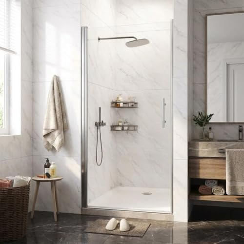 Pivot Shower Door, 33.6-34.6 W x 72 H Frameless Single Swing Glass Shower Door with Explosion-Proof Film Coating, 1/4 (6mm) Thick Tempered Clear Glass, Brushed Nickel (Single Pivot Door)