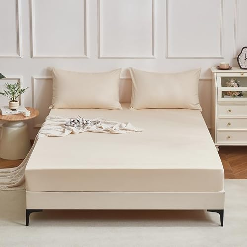 Gezu Spannbettlaken 200x200 Mako Satin Beige Betttuch Weich Hypoallergen Baumwollesatin Zertifiziert Oeko-TEX Bettlaken 200x200 Spannbettlaken Baumwolle für Hohe Matratze bis15-30cm,100% Baumwolle