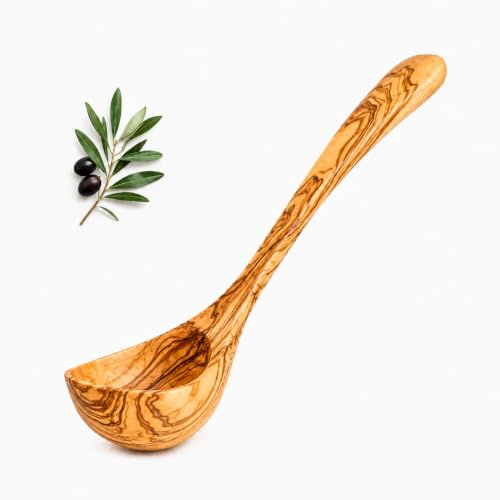 Mestolo in legno di ulivo naturale, utensile da cucina artigianale e durevole, 30 cm