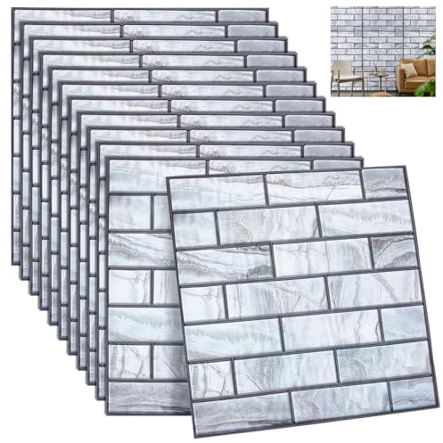 GLASSWINDS 12PCS 3D Wall Panels Peel and Stick Foam Faux Brick Wall Panels, Self-Adhesive 3D Brick Wallpaper Peel and Stick Faux Stone Walls Panel Foam Bricks for Living Room, Kitchen (Gray)