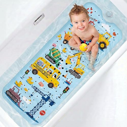 UNEEDE Baby Badewannenmatte rutschfest Anti-Schimmel 100x40cm | Extra Lange Antirutschmatte Badewanne Kinder mit 200+ Saugnäpfen, Bagger & Baustellen Motiv, Weiche Duschmatte für Jungen